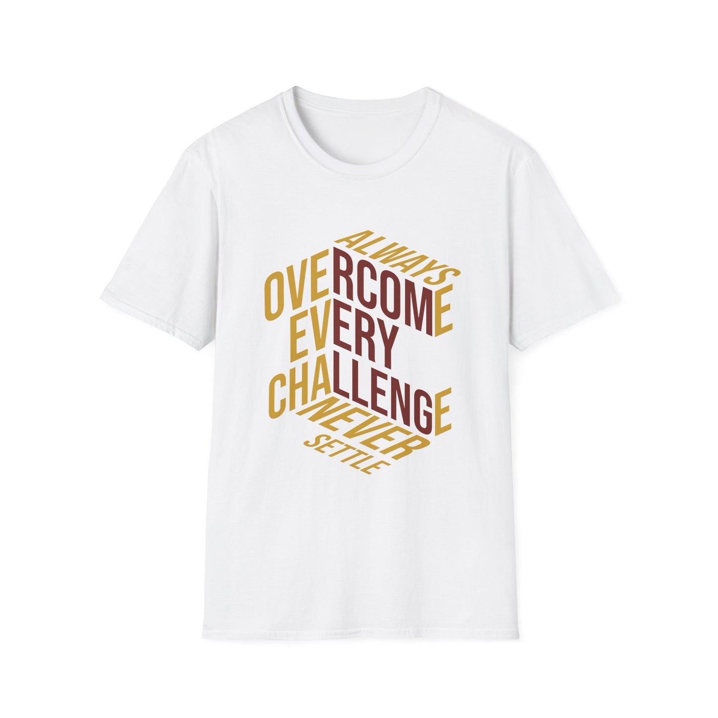 A white crew neck t-shirt with the text 'OVERCOME EVERY CHALLENGE' printed in a geometric pattern using a yellow to orange gradient.