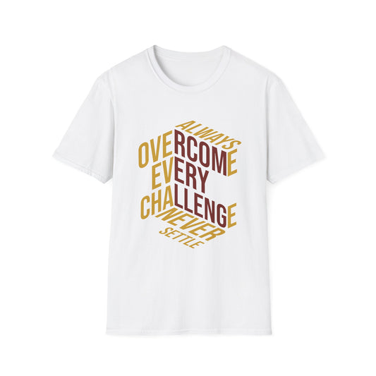 A white crew neck t-shirt with the text 'OVERCOME EVERY CHALLENGE' printed in a geometric pattern using a yellow to orange gradient.