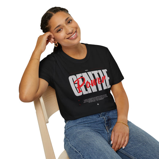Woman wearing a black t-shirt with 'Gentle Power' text, sitting on a chair.