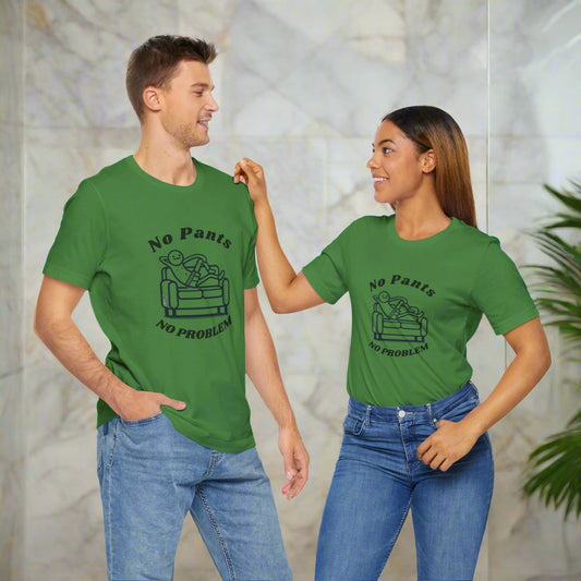 A woman wearing a white crew neck t-shirt with the text 'No pants. No problem.' printed in black.