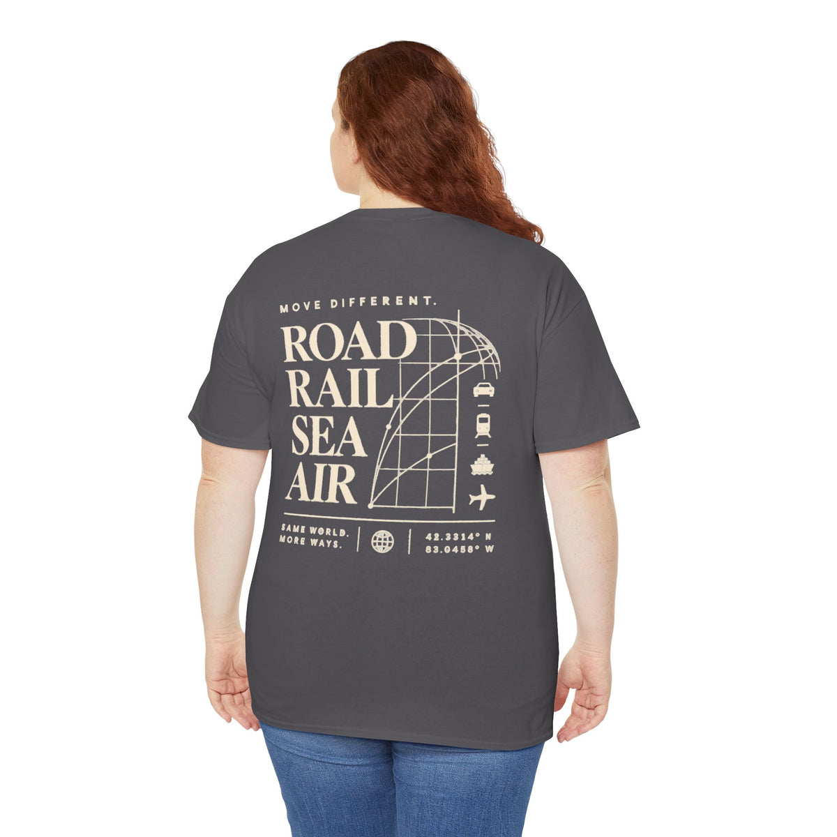 Travel Vibes T‑Shirt — "Road Rail Sea Air" Vintage Transport Graphic Tee