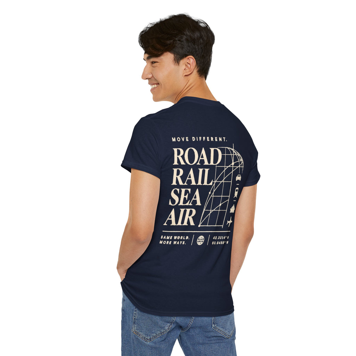 Travel Vibes T‑Shirt — "Road Rail Sea Air" Vintage Transport Graphic Tee
