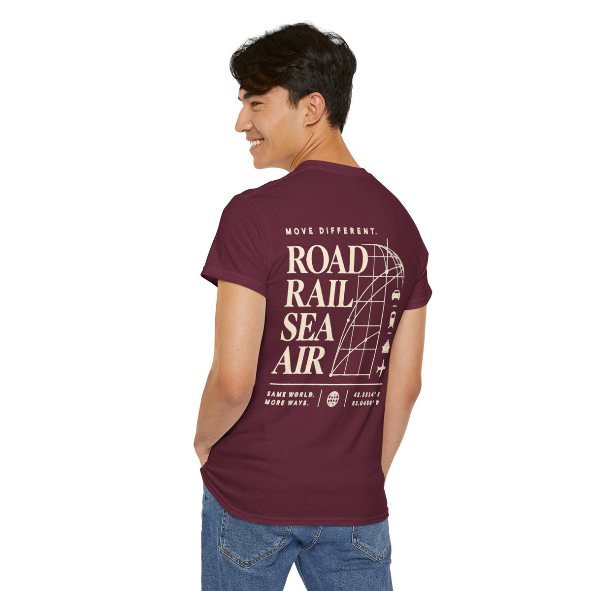 Travel Vibes T‑Shirt — "Road Rail Sea Air" Vintage Transport Graphic Tee