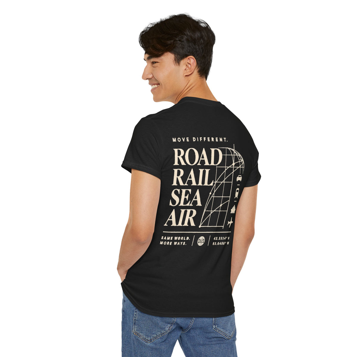 Travel Vibes T‑Shirt — "Road Rail Sea Air" Vintage Transport Graphic Tee