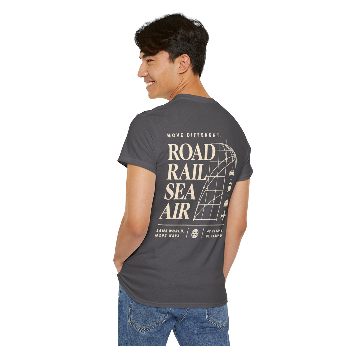 Travel Vibes T‑Shirt — "Road Rail Sea Air" Vintage Transport Graphic Tee