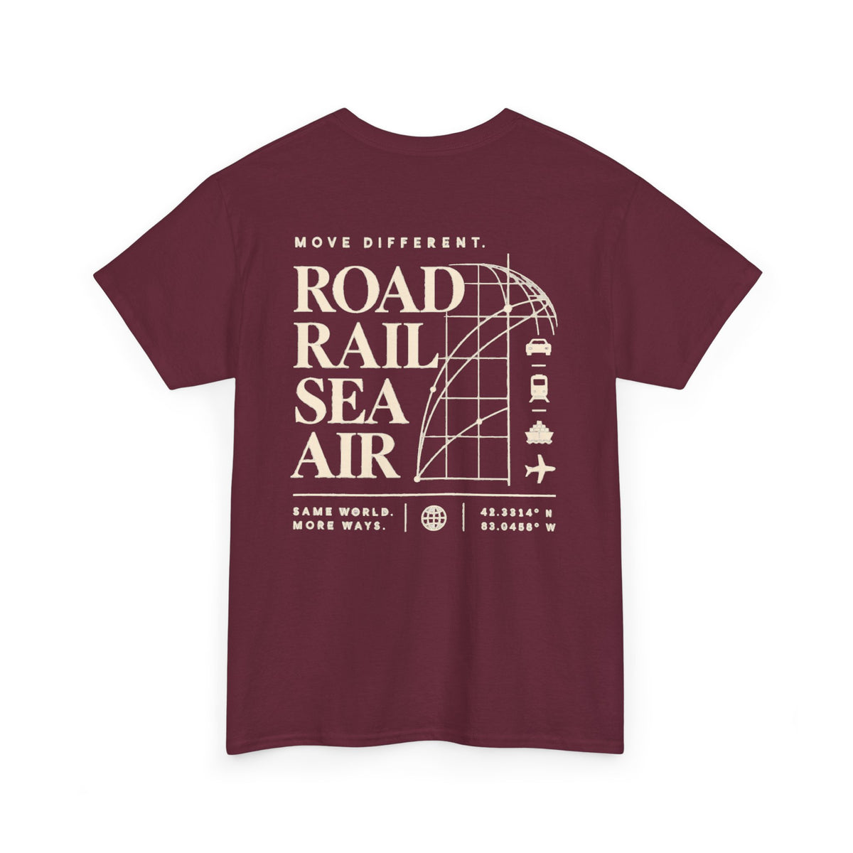 Travel Vibes T‑Shirt — "Road Rail Sea Air" Vintage Transport Graphic Tee