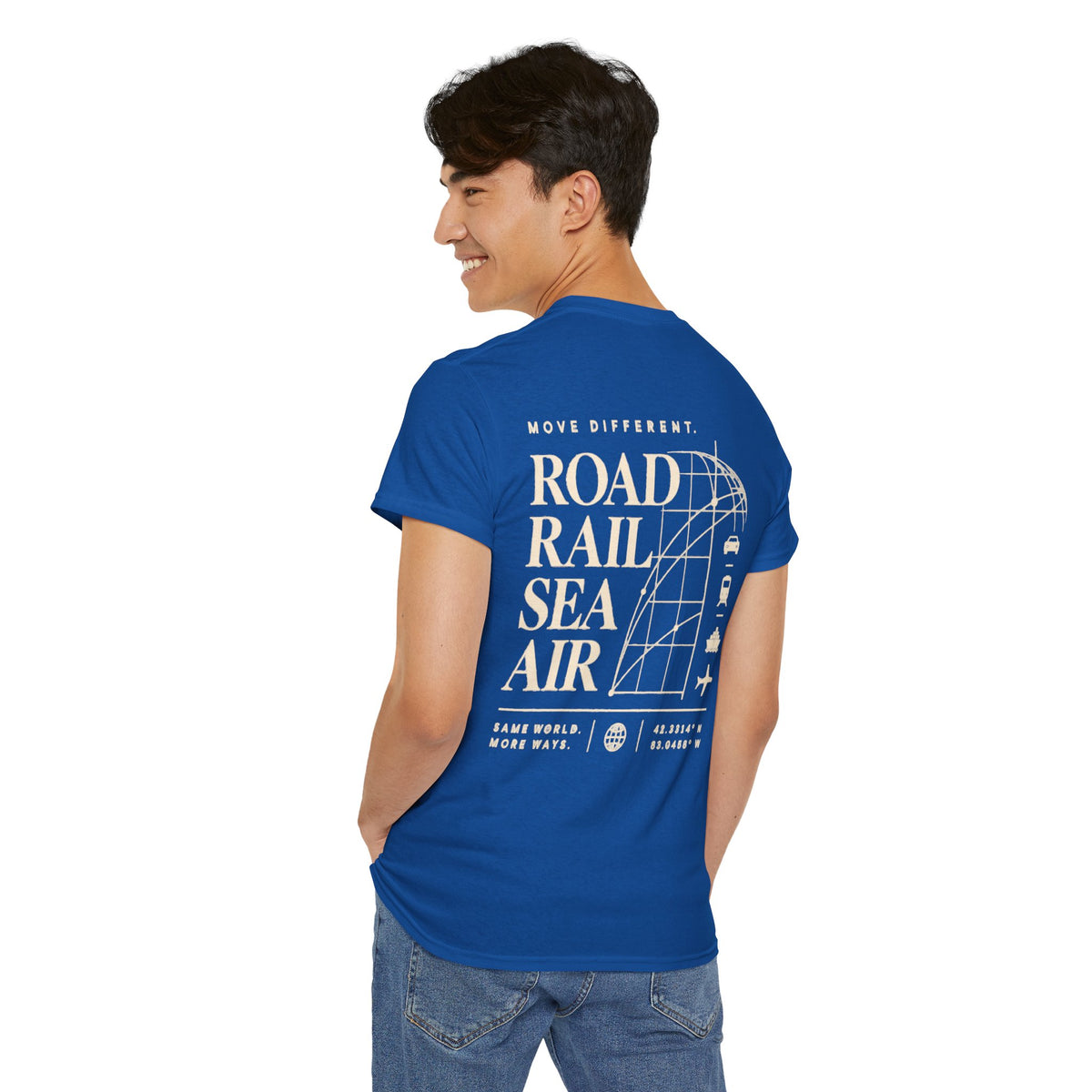 Travel Vibes T‑Shirt — "Road Rail Sea Air" Vintage Transport Graphic Tee