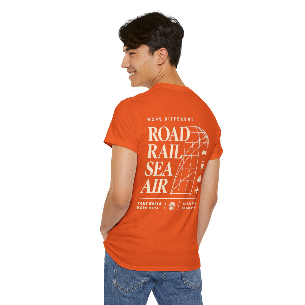 Travel Vibes T‑Shirt — "Road Rail Sea Air" Vintage Transport Graphic Tee