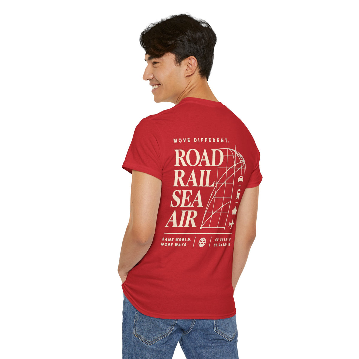 Travel Vibes T‑Shirt — "Road Rail Sea Air" Vintage Transport Graphic Tee