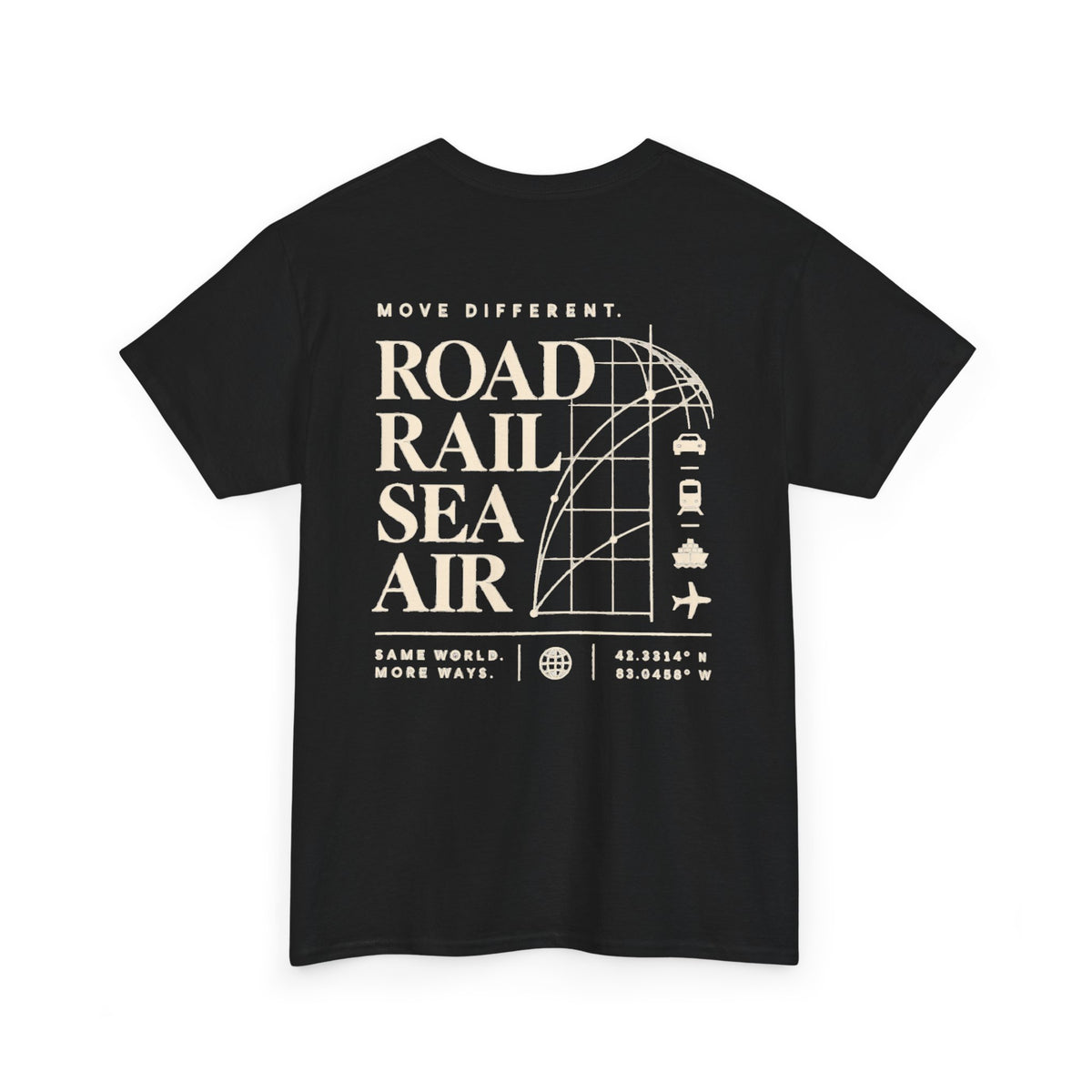 Travel Vibes T‑Shirt — "Road Rail Sea Air" Vintage Transport Graphic Tee