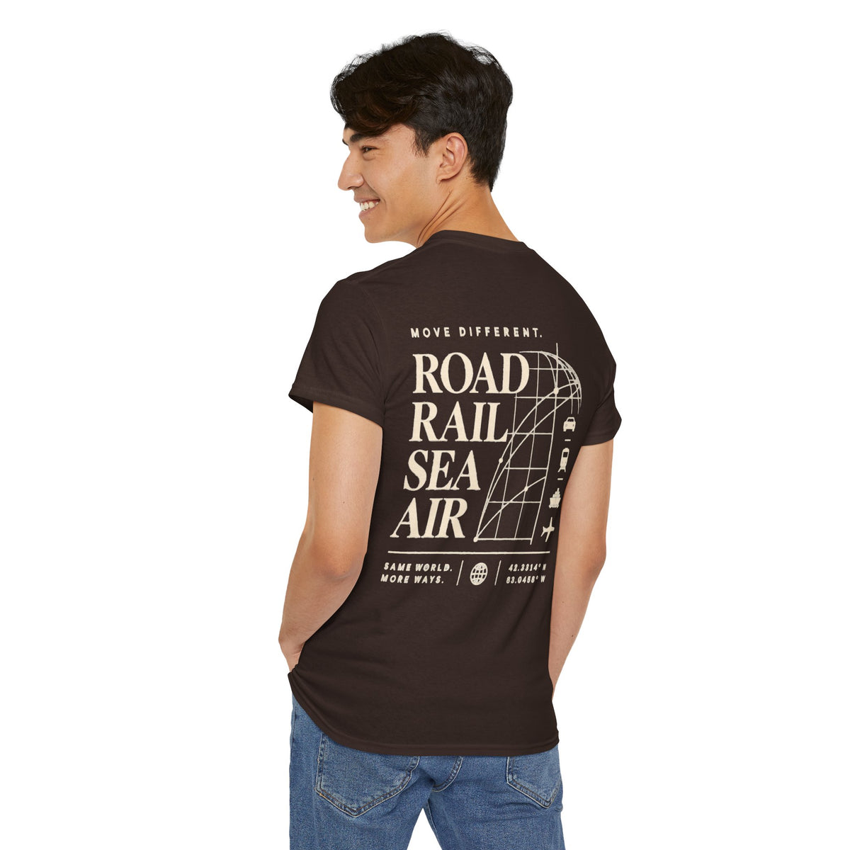Travel Vibes T‑Shirt — "Road Rail Sea Air" Vintage Transport Graphic Tee
