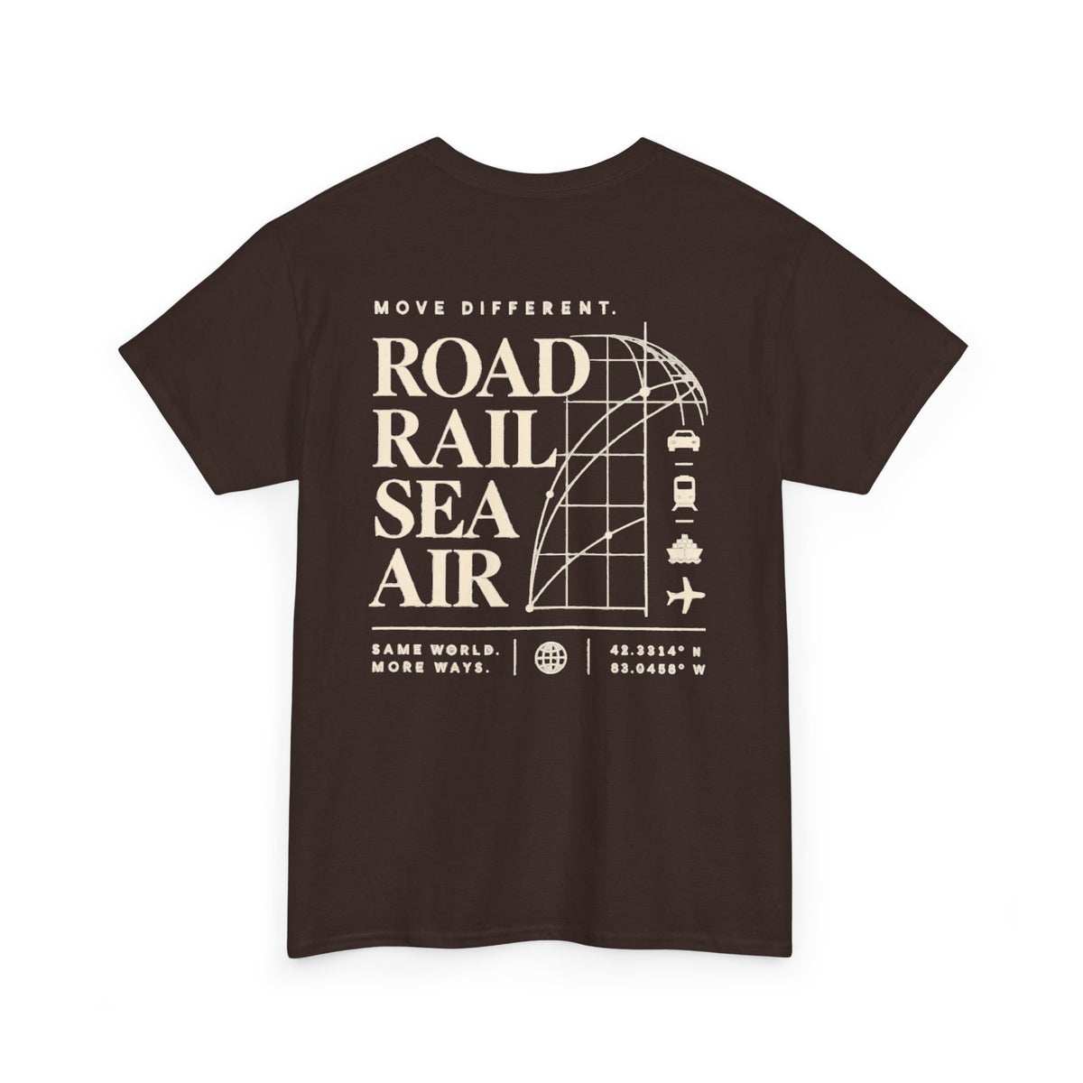 Travel Vibes T‑Shirt — "Road Rail Sea Air" Vintage Transport Graphic Tee