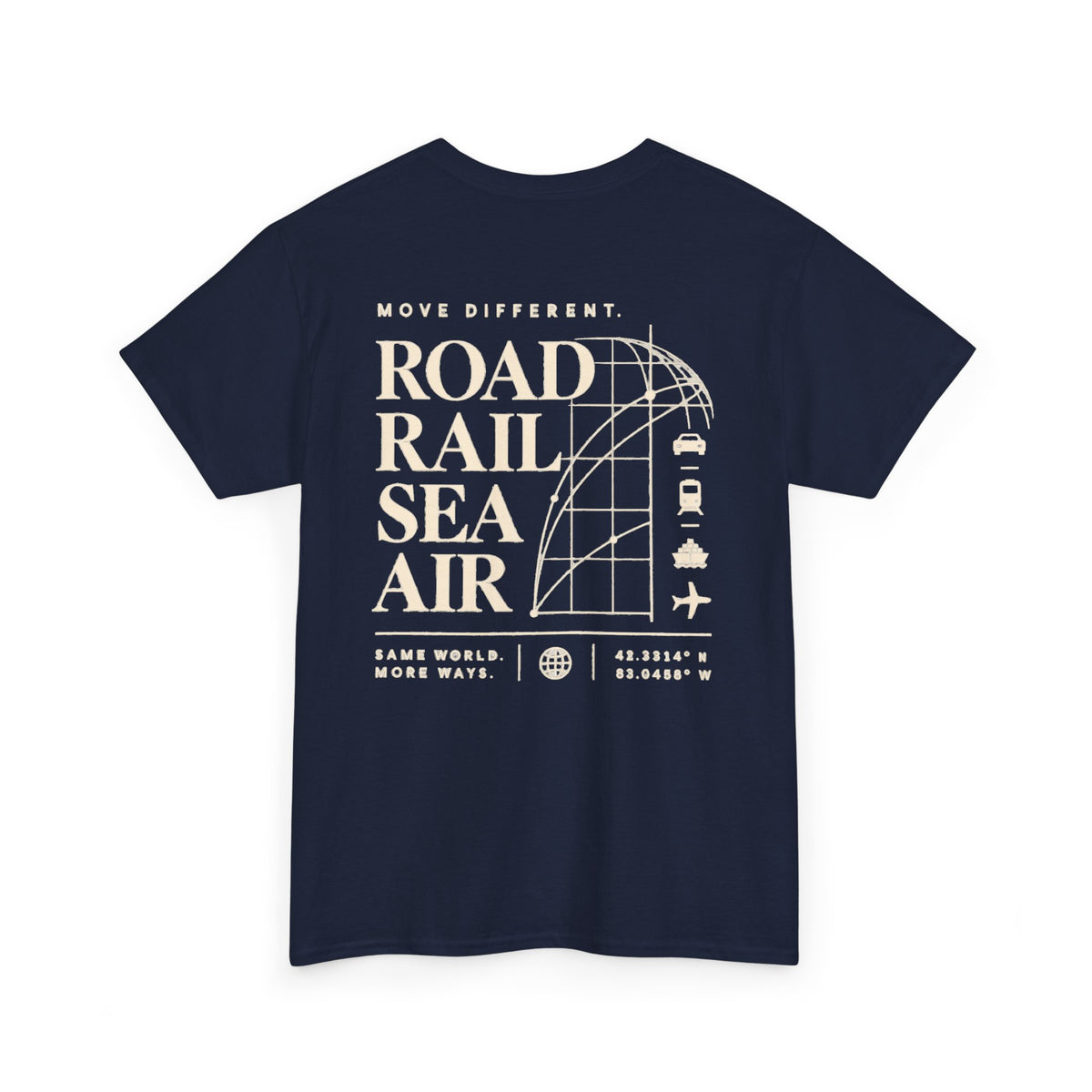 Travel Vibes T‑Shirt — "Road Rail Sea Air" Vintage Transport Graphic Tee
