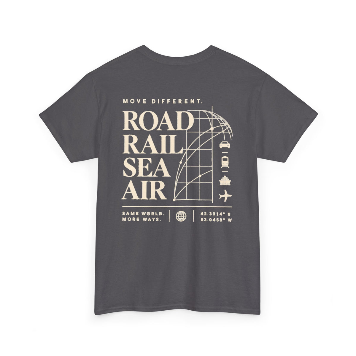 Travel Vibes T‑Shirt — "Road Rail Sea Air" Vintage Transport Graphic Tee
