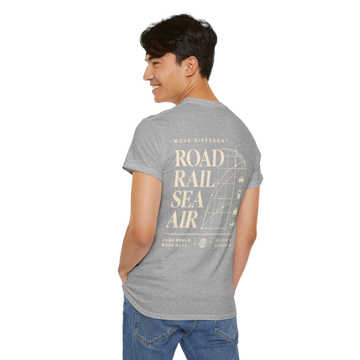 Travel Vibes T‑Shirt — "Road Rail Sea Air" Vintage Transport Graphic Tee