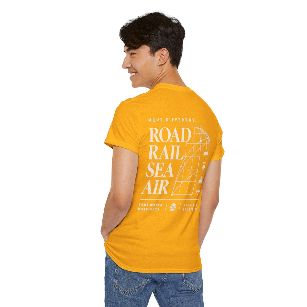 Travel Vibes T‑Shirt — "Road Rail Sea Air" Vintage Transport Graphic Tee