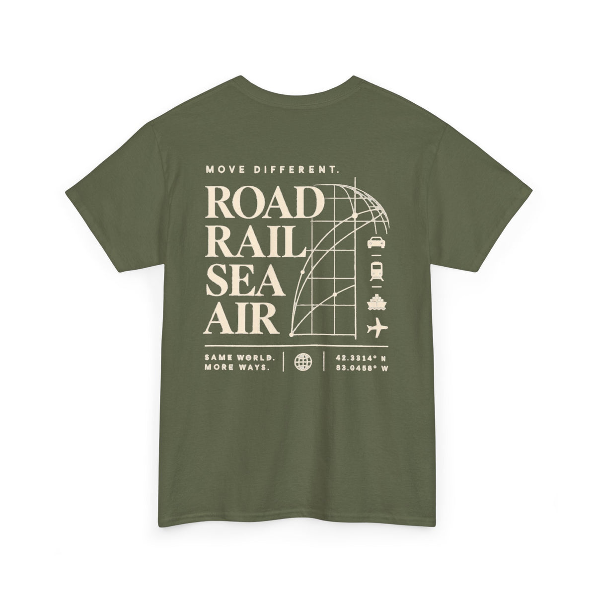 Travel Vibes T‑Shirt — "Road Rail Sea Air" Vintage Transport Graphic Tee