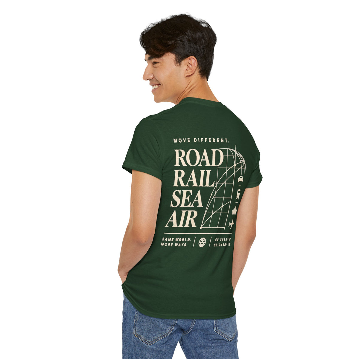 Travel Vibes T‑Shirt — "Road Rail Sea Air" Vintage Transport Graphic Tee