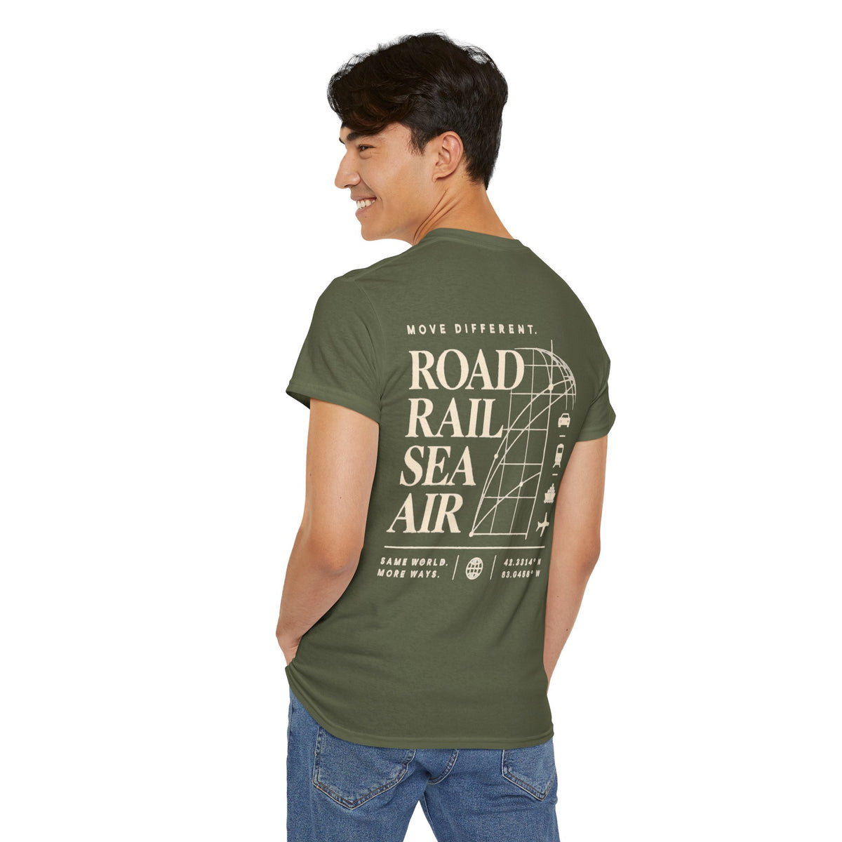 Travel Vibes T‑Shirt — "Road Rail Sea Air" Vintage Transport Graphic Tee