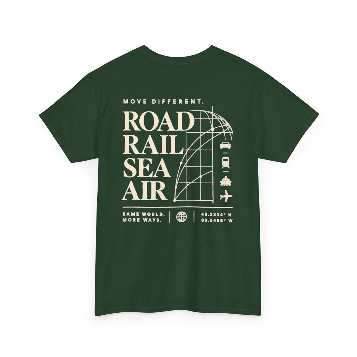 Travel Vibes T‑Shirt — "Road Rail Sea Air" Vintage Transport Graphic Tee